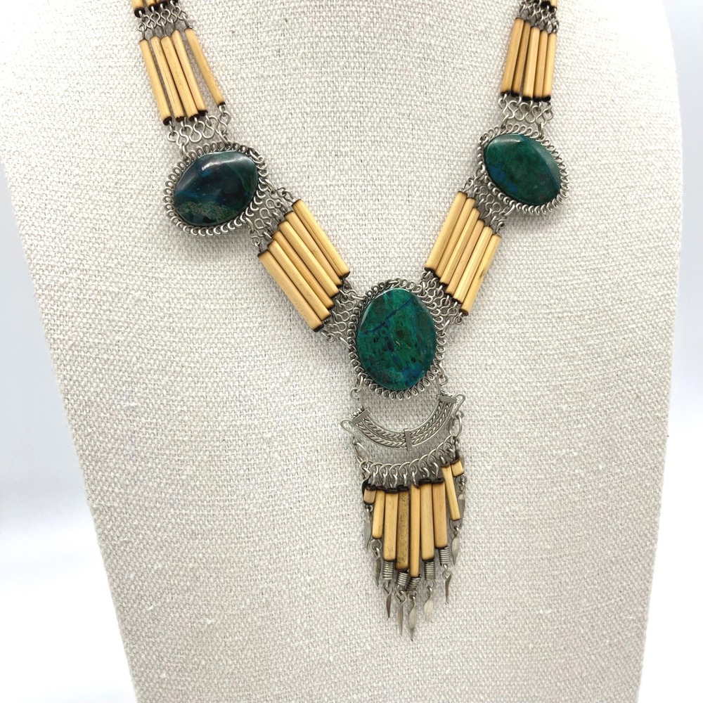Vintage Statement Necklace Green Stone Silver Tone Bamboo Tribal‎ Boho Bohemian - Picture 2 of 8